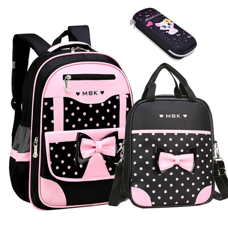 Girls Black Pink Dots Front Bow Schoolbag