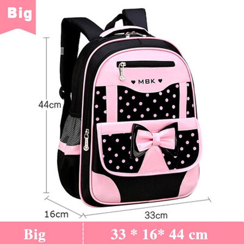 Girls Black Pink Dots Front Bow Schoolbag