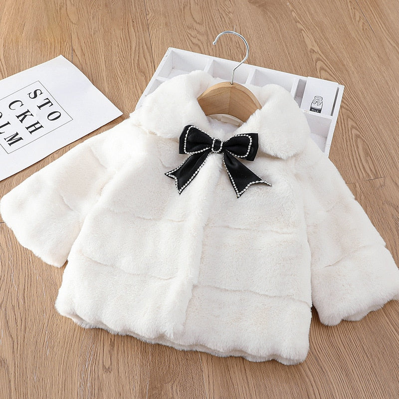 Girls Faux Fur Collar Front Bow Jacket